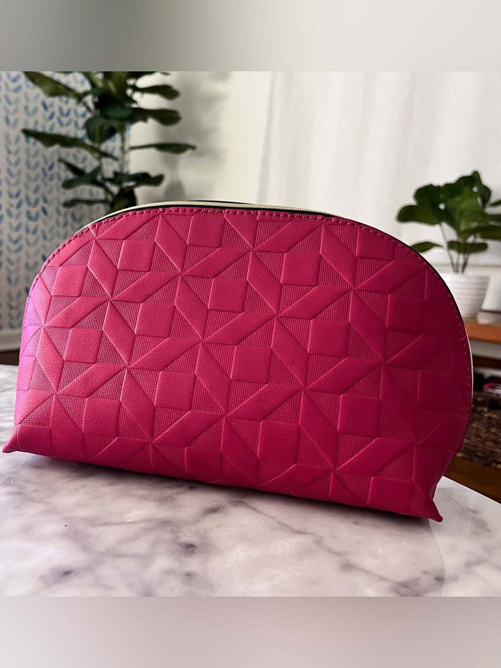 Fuchsia Geometric Embossed Cosmetic Pouch